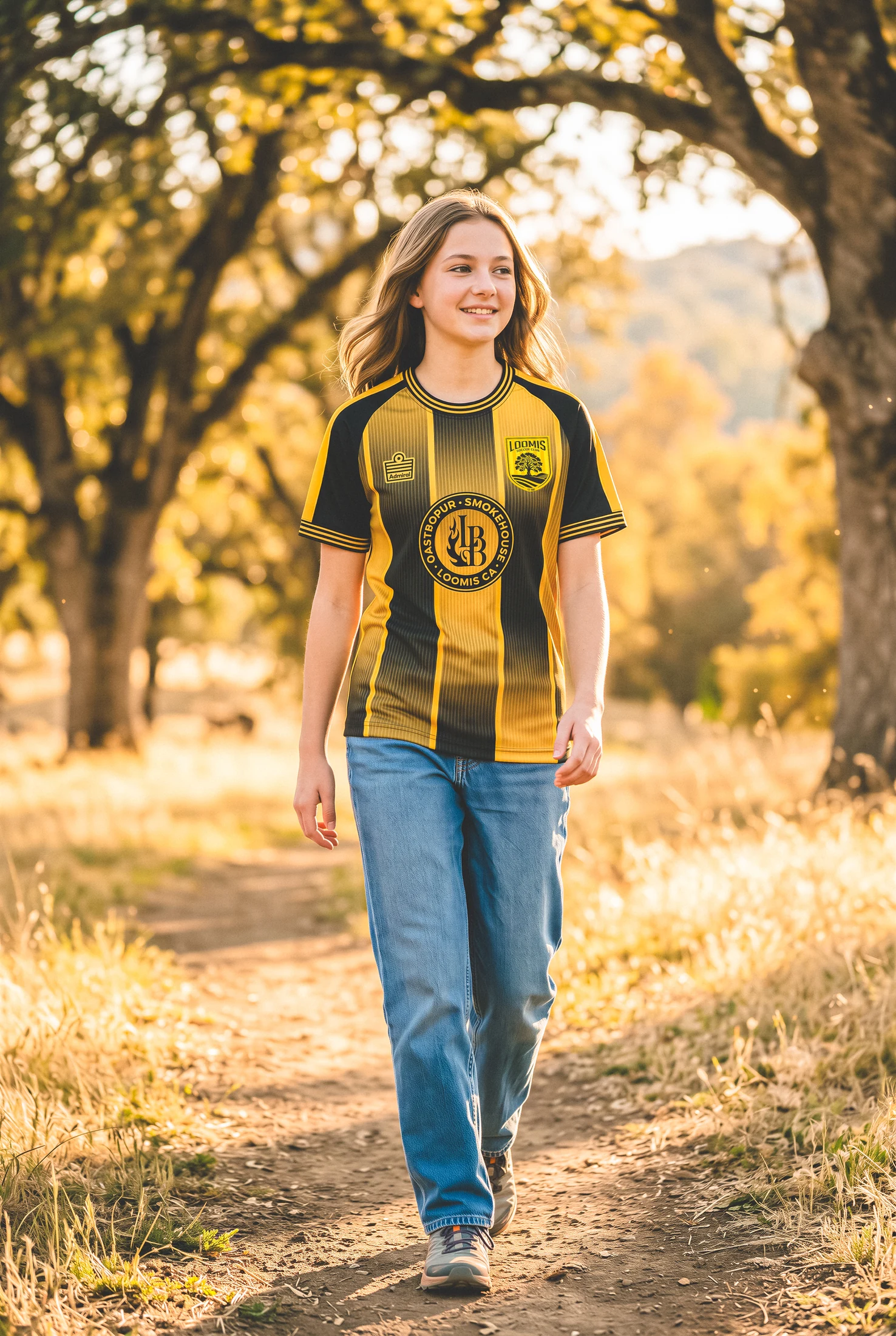 Loomis player wearing the home shirt among oak trees